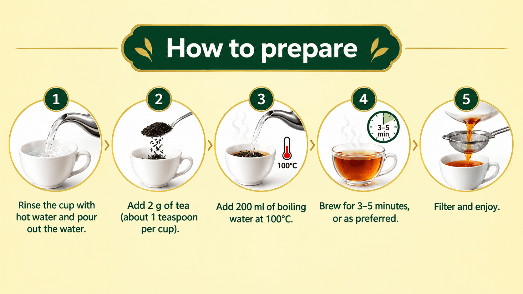 How to prepare loose-leaf tea: rinse the cup with hot water and pour out the water; add 2 g of tea (about 1 teaspoon per cup); add 200 ml of boiling water at 100°C; brew for 3–5 minutes, or as preferred; filter and enjoy.