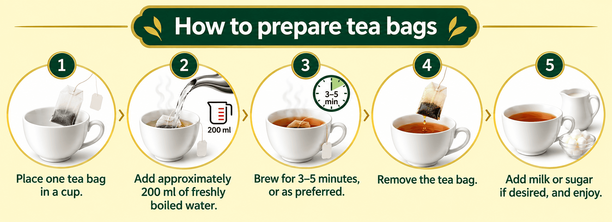 How to prepare tea bags: place one tea bag in a cup; add approximately 200 ml of freshly boiled water; brew for 3–5 minutes, or as preferred; remove the tea bag; add milk or sugar if desired, and enjoy.